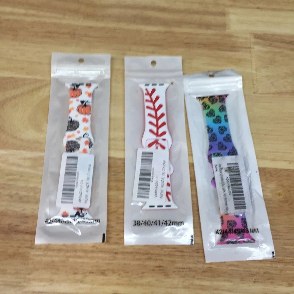 Lot of 3 Apple Watch Compatible Silicone Bands Pumpkin Baseball Rainbow Heart